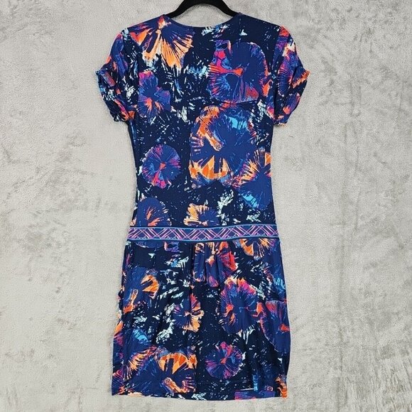 BCBGMAXAZRIA Dress Womens S Blue Floral Jersey Knit Pockets Drop Waist Tropical - Picture 9 of 9